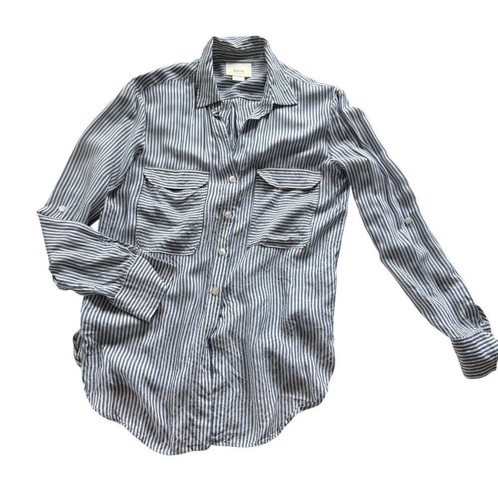 Maeve Anthropologie Striped Roll up Button Shirt Top XS Women Blue White